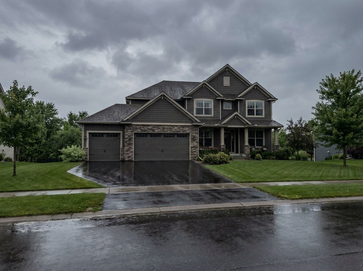 Newer two-story suburban home in a Carmel Indiana subdivision on an overcast day