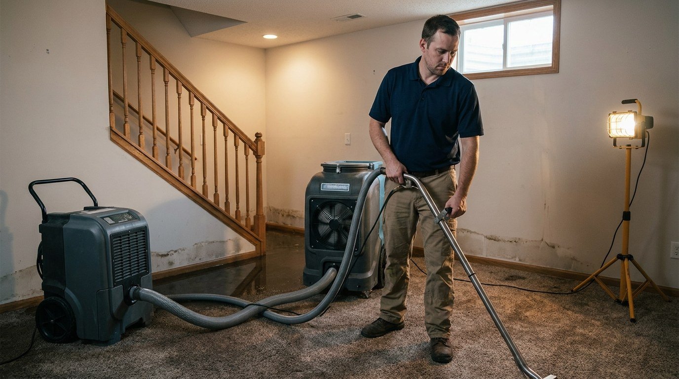 Technician running a water extraction unit across a wet basement floor