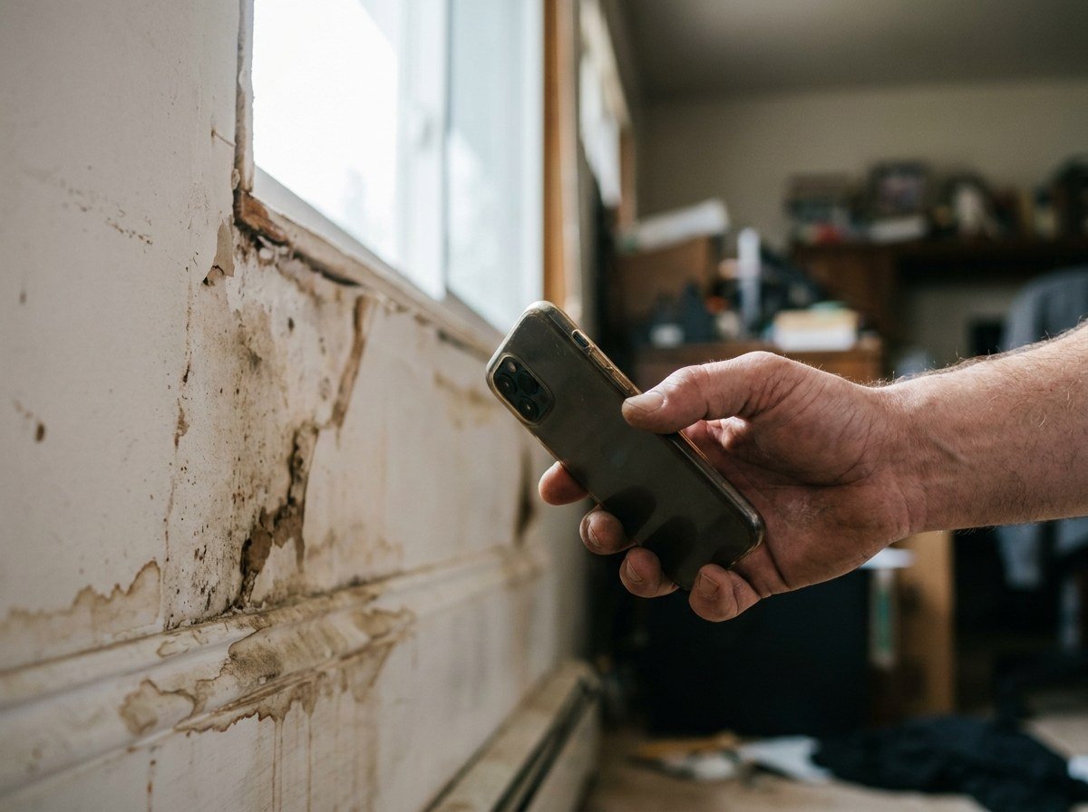 Homeowner photographing water damage on a smartphone for an insurance claim