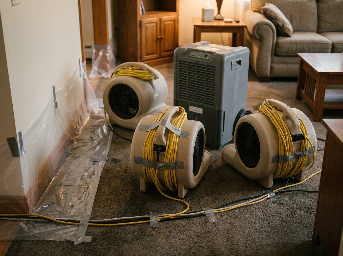 Moisture meter reading being taken on a water-damaged drywall wall