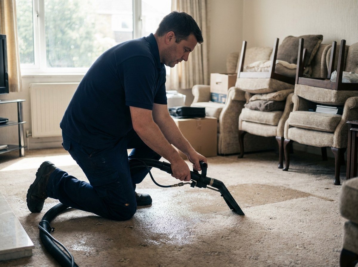 Restoration technician operating a water extraction wand across a wet living room floor